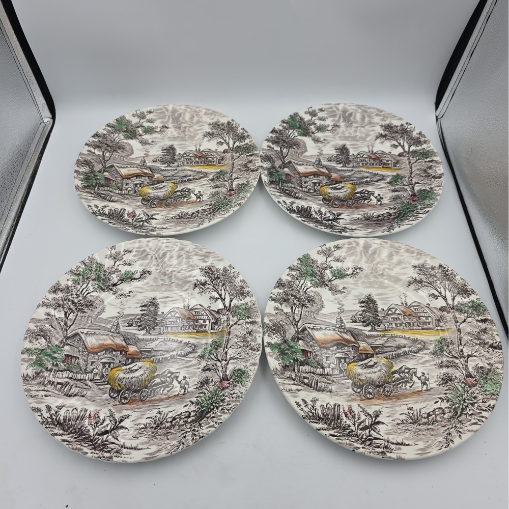 4 Vintage Yorkshire Staffordshire Ironstone 9 7/8" Dinner Plates Farm Scene